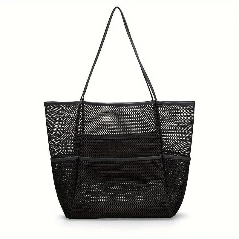 Breathable Mesh Beach Tote Shopper Shoulder Bag Zip Pockets Black