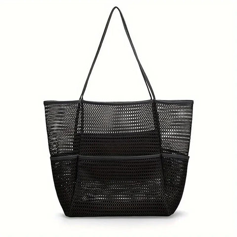 Breathable Mesh Beach Tote Shopper Shoulder Bag Zip Pockets Black