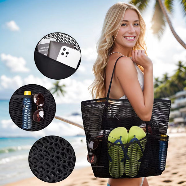 Breathable Mesh Beach Tote Shopper Shoulder Bag Zip Pockets Black
