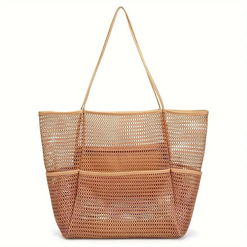 Breathable Mesh Beach Tote Shopper Shoulder Bag Zip Pockets Brown