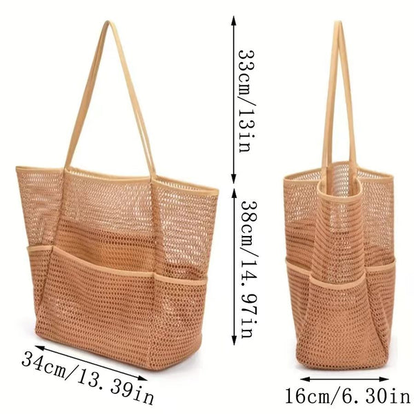Breathable Mesh Beach Tote Shopper Shoulder Bag Zip Pockets Brown