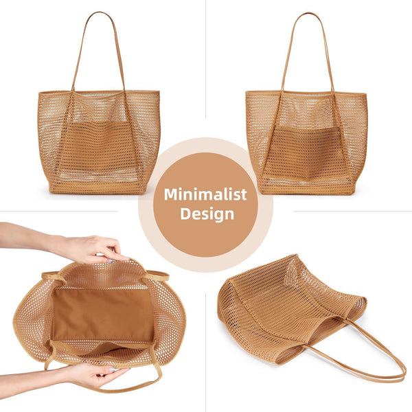 Breathable Mesh Beach Tote Shopper Shoulder Bag Zip Pockets Brown