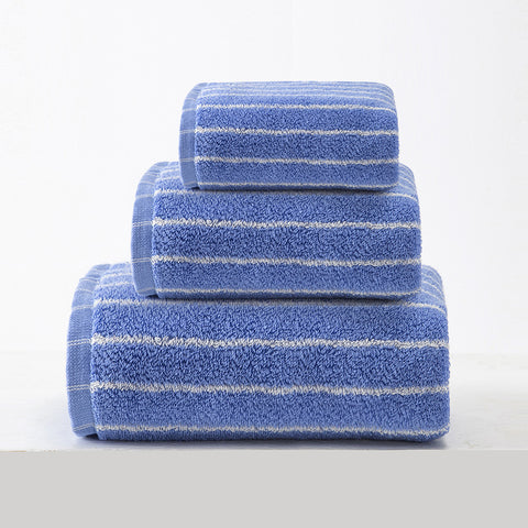 3 Piece Striped Cotton Bath Hand Face Towel Set Blue
