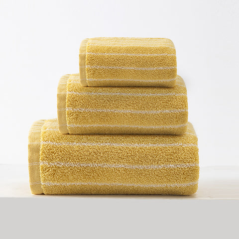 3 Piece Striped Cotton Bath Hand Face Towel Set Yellow