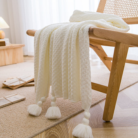 Woven Knitted Acrylic Soft Tassel Throw Blanket Rug 150 x 110cm Off White