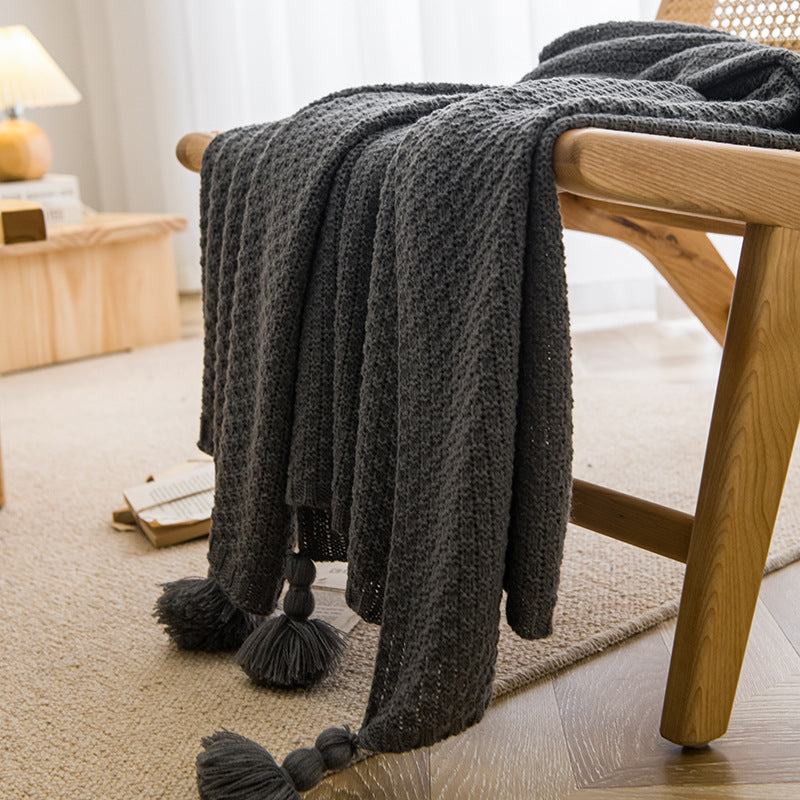 Woven Knitted Acrylic Soft Tassel Throw Blanket Rug 150 x 110cm Dark Grey