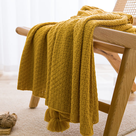 Woven Knitted Acrylic Soft Tassel Throw Blanket Rug 150 x 110cm Turmeric