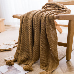 Woven Knitted Acrylic Soft Tassel Throw Blanket Rug 150 x 110cm Brown