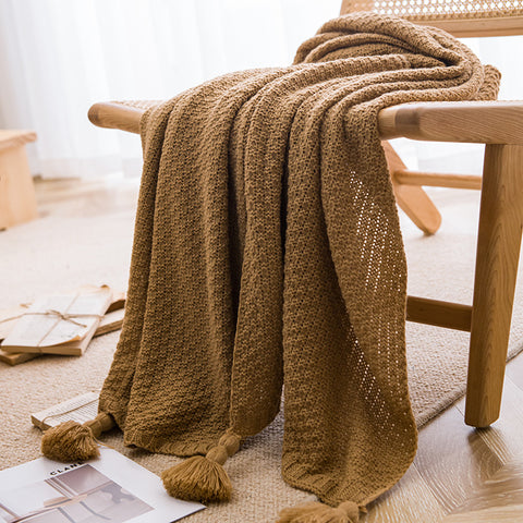 Woven Knitted Acrylic Soft Tassel Throw Blanket Rug 150 x 110cm Brown