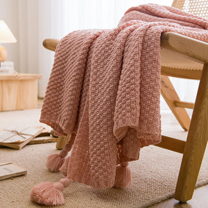 Woven Knitted Acrylic Soft Tassel Throw Blanket Rug 150 x 110cm Pink