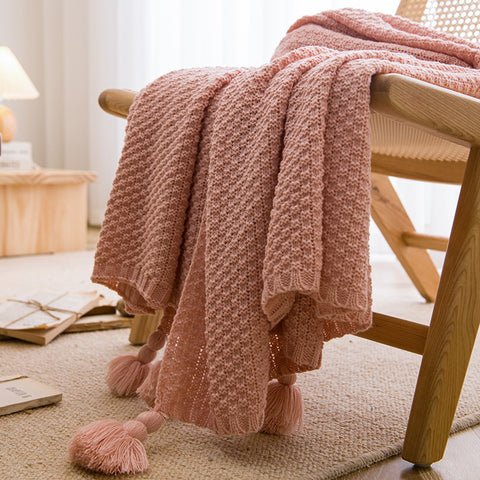 Woven Knitted Acrylic Soft Tassel Throw Blanket Rug 150 x 110cm Pink
