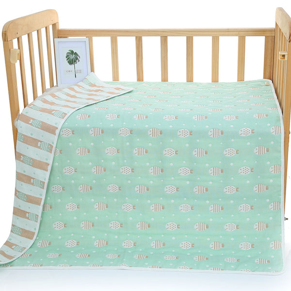 6 Layer Cotton Muslin Baby Infant Blanket Swaddle Cot Bedding 110x110cm Fish Green