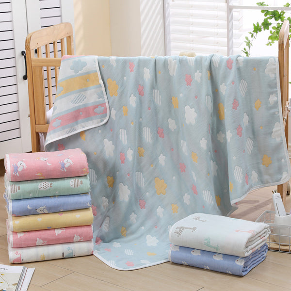 6 Layer Cotton Muslin Baby Infant Blanket Swaddle Cot Bedding 110x110cm Love Heart Blue