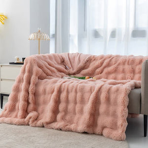 Toscana Faux Rabbit Fur Coral Fleece Throw Blanket Rug 130 x 160cm Pink