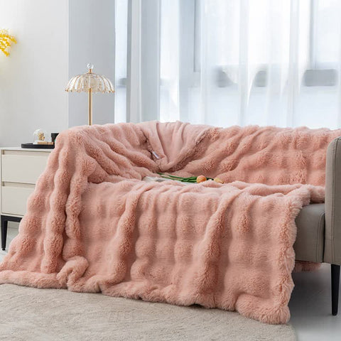 Toscana Faux Rabbit Fur Coral Fleece Throw Blanket Rug 130 x 160cm Pink