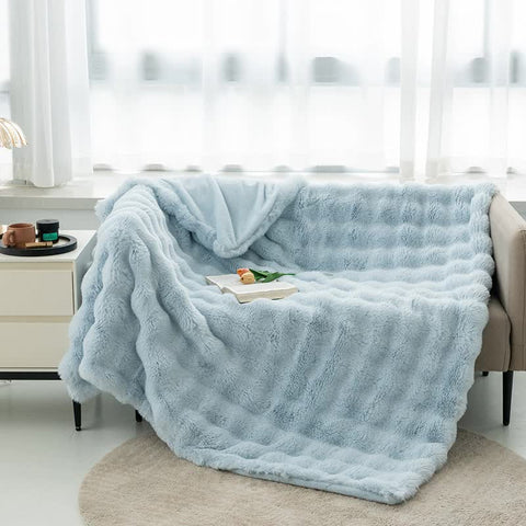 Toscana Faux Rabbit Fur Coral Fleece Throw Blanket Rug 130 x 160cm Light Blue