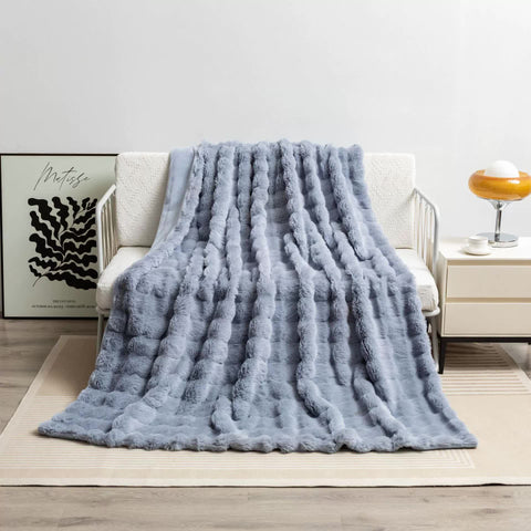 Toscana Faux Rabbit Fur Coral Fleece Throw Blanket Rug 130 x 160cm Grey