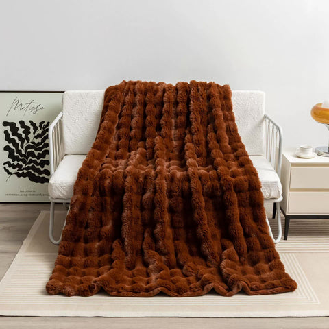 Toscana Faux Rabbit Fur Coral Fleece Throw Blanket Rug 130 x 160cm Dark Brown