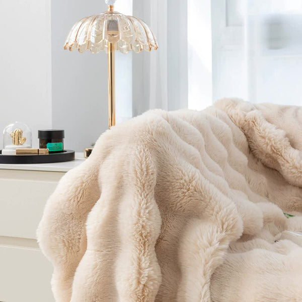 Toscana Faux Rabbit Fur Coral Fleece Throw Blanket Rug 130 x 160cm Apricot