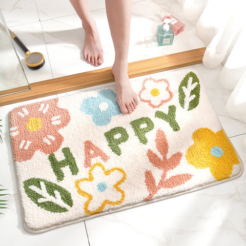Happy Floral Flowers Microfibre Non Slip Bath Mat 80 x 50cm Green