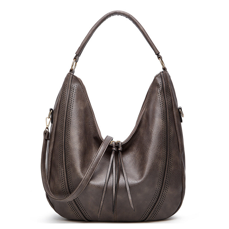 Distressed Faux Leather Hobo Bucket Underarm Shoulder Bag Handbag Grey