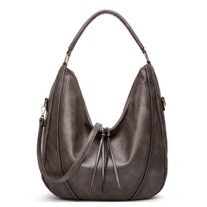 Distressed Faux Leather Hobo Bucket Underarm Shoulder Bag Handbag Grey
