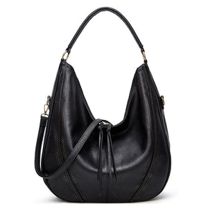 Distressed Faux Leather Hobo Bucket Underarm Shoulder Bag Handbag Black