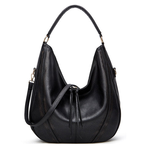 Distressed Faux Leather Hobo Bucket Underarm Shoulder Bag Handbag Black
