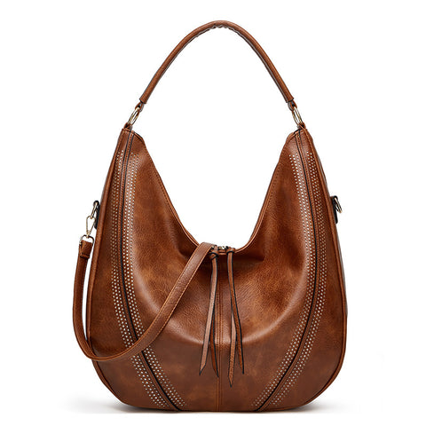 Distressed Faux Leather Hobo Bucket Underarm Shoulder Bag Handbag Brown