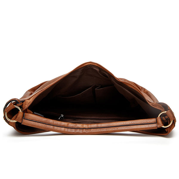 Distressed Faux Leather Hobo Bucket Underarm Shoulder Bag Handbag Brown