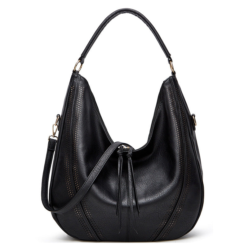 Distressed Faux Leather Hobo Bucket Underarm Shoulder Bag Handbag Black