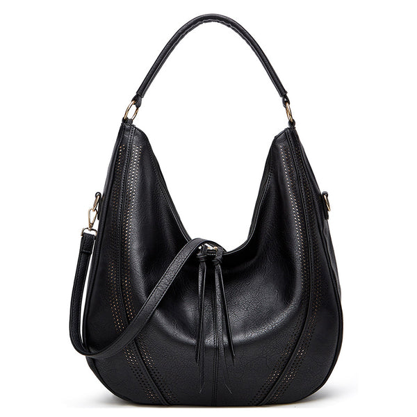 Distressed Faux Leather Hobo Bucket Underarm Shoulder Bag Handbag Black