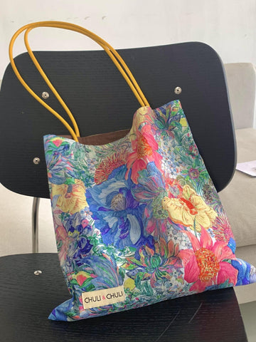 Canvas Tote Shopping Shoulder Bag Vibrant Multicolour Floral Design 33 x 31cm