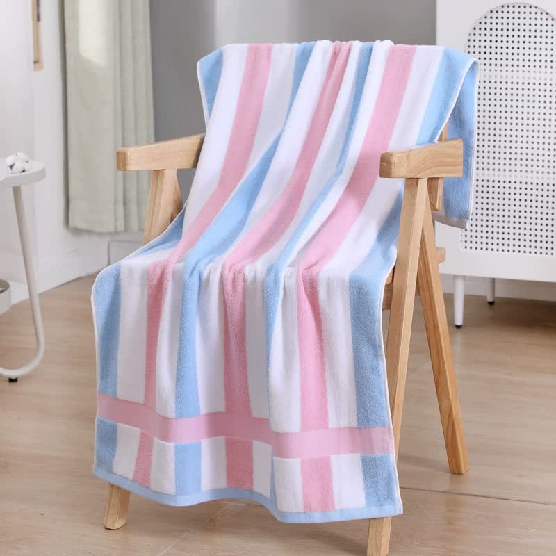 Long Fibre Striped Cotton Bath Towel 140 x 70cm Pink Blue White