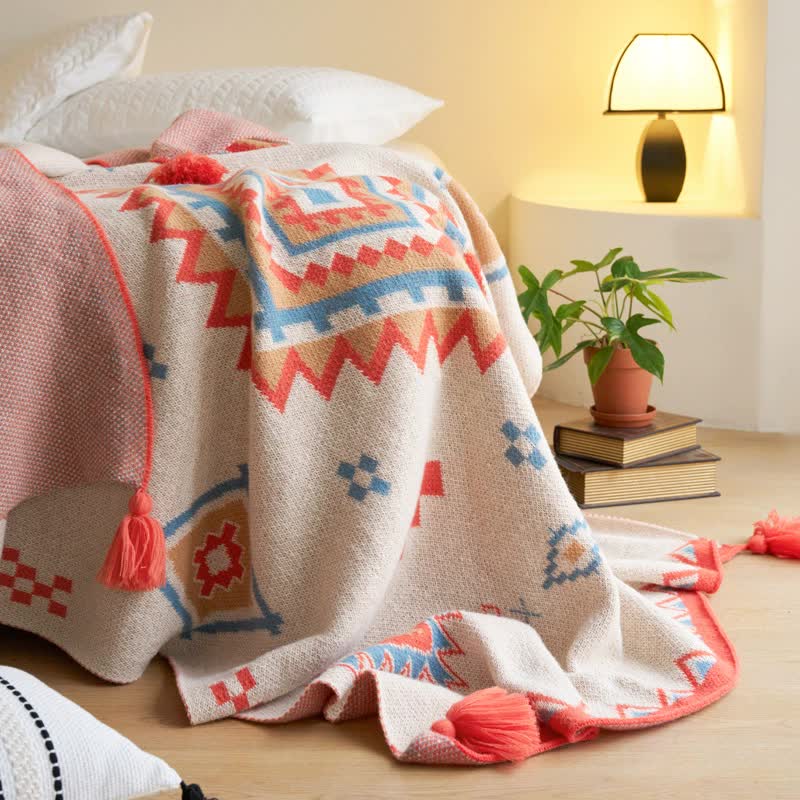 Boho Bohemian Geometric Tassel Throw Blanket Rug 130 x 170cm Orange
