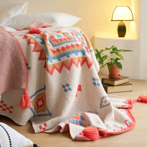 Boho Bohemian Geometric Tassel Throw Blanket Rug 130 x 170cm Orange