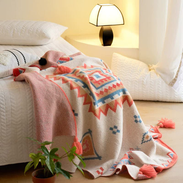Boho Bohemian Geometric Tassel Throw Blanket Rug 130 x 170cm Orange