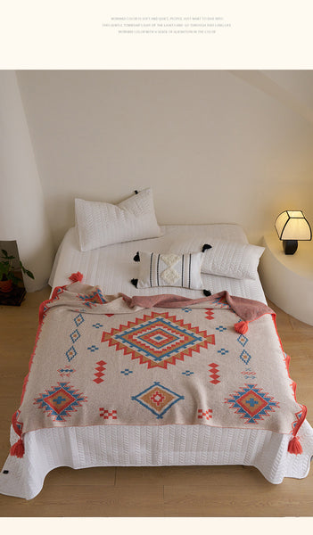 Boho Bohemian Geometric Tassel Throw Blanket Rug 130 x 170cm Orange