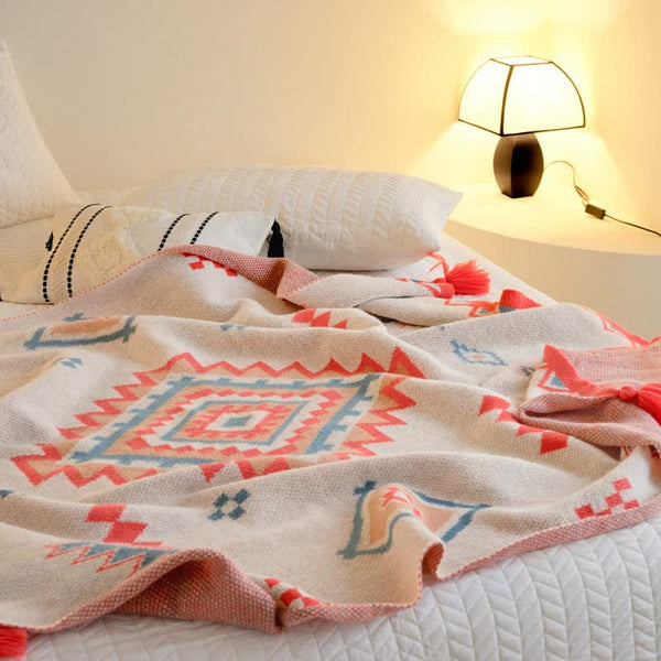 Boho Bohemian Geometric Tassel Throw Blanket Rug 150 x 200cm Orange