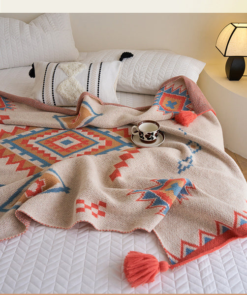 Boho Bohemian Geometric Tassel Throw Blanket Rug 150 x 200cm Orange