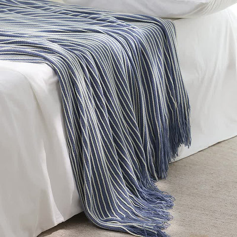 Knitted Acrylic Throw Blanket Rug Fringe 127 x 220cm Striped Blue