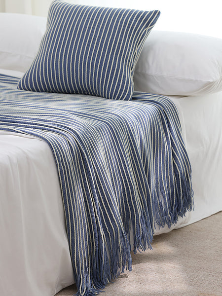 Knitted Acrylic Throw Blanket Rug Fringe 127 x 220cm Striped Blue