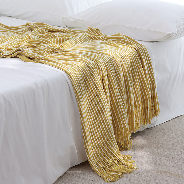 Knitted Acrylic Throw Blanket Rug Fringe 127 x 220cm Striped Yellow