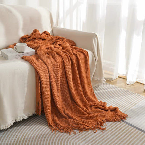 Modern Knitted Throw Blanket Tassels 130 x 220cm Orange
