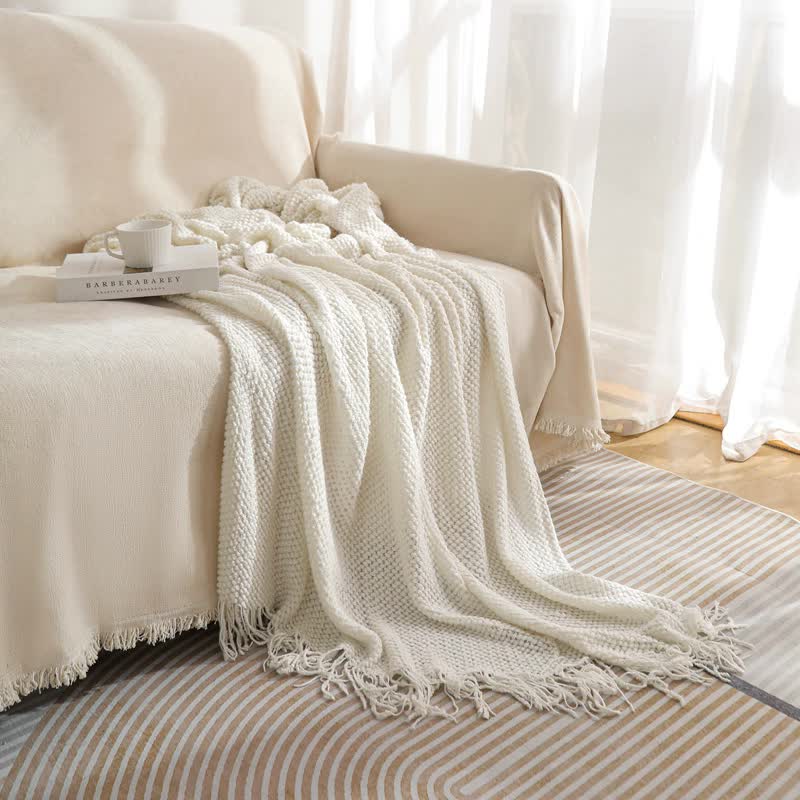 Modern Knitted Throw Blanket Tassels 130 x 260cm Beige