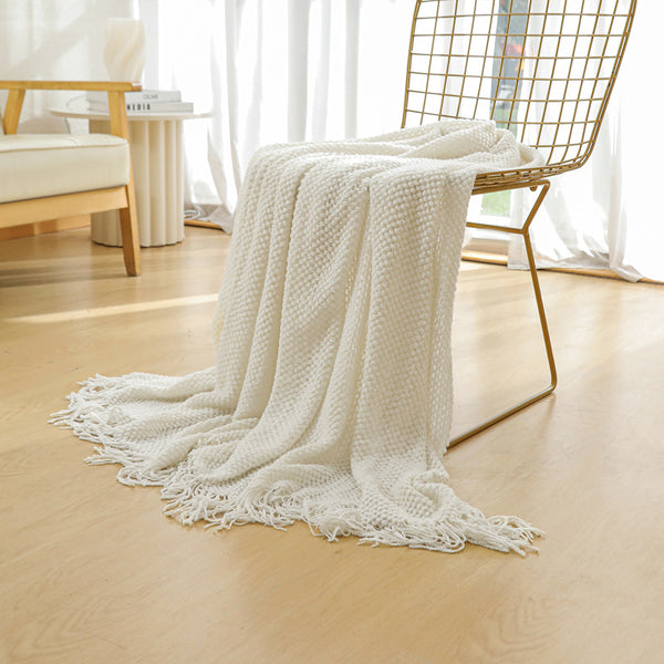 Modern Knitted Throw Blanket Tassels 130 x 260cm Beige
