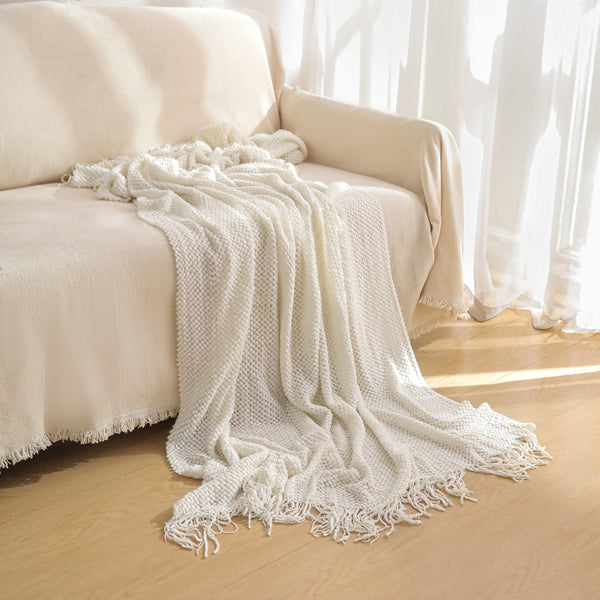 Modern Knitted Throw Blanket Tassels 130 x 260cm Beige