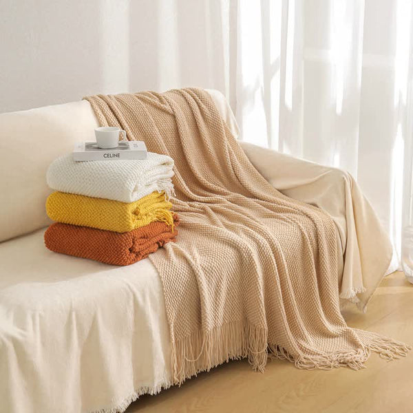 Modern Knitted Throw Blanket Tassels 130 x 260cm Khaki