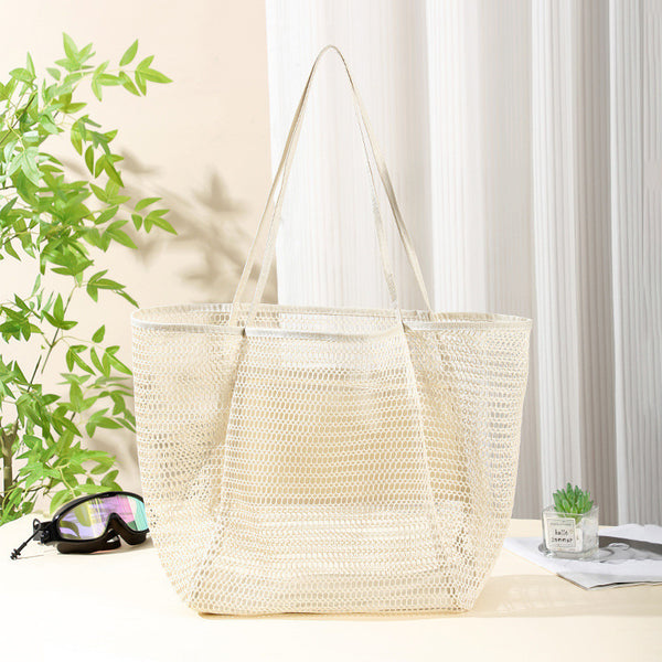 Breathable Mesh Beach Tote Shopper Shoulder Bag Zip Pockets Cream