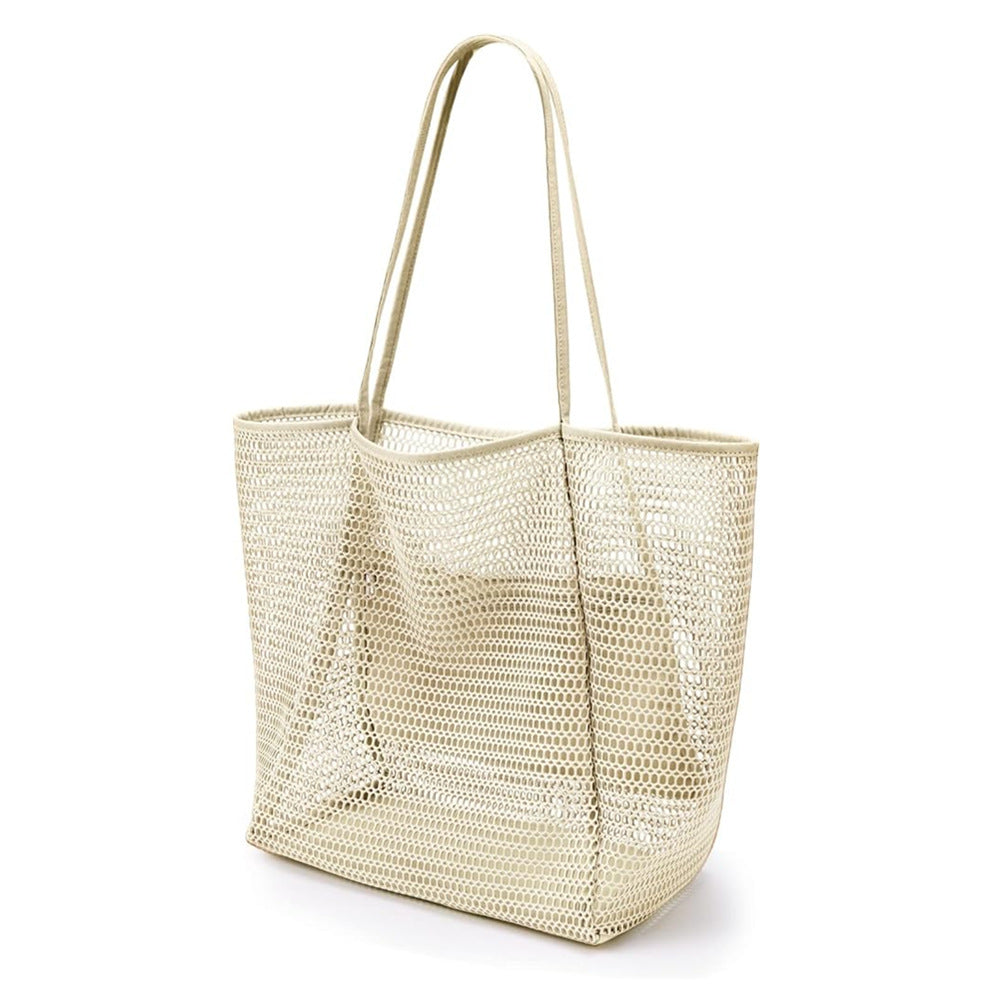 Breathable Mesh Beach Tote Shopper Shoulder Bag Zip Pockets Cream